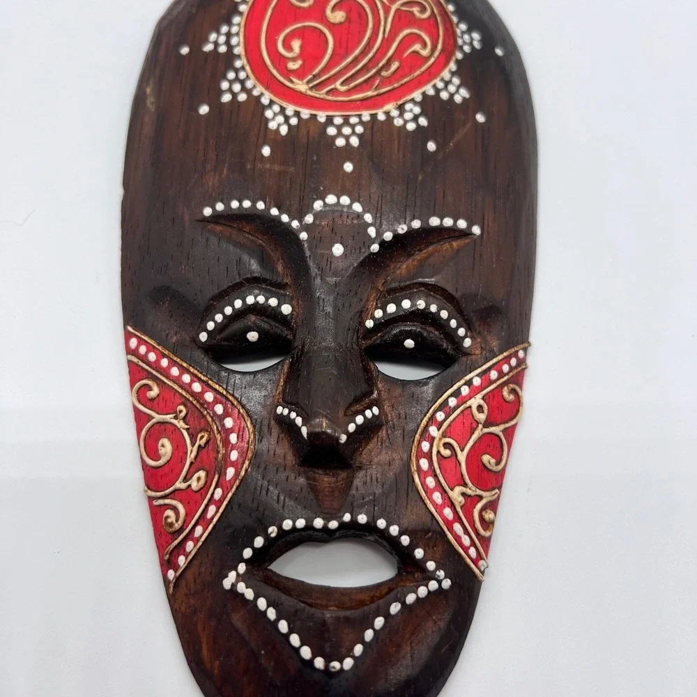Tiki Mask Hand Carved & Painted Wood Brown Red White Dot Tribal Indonesia Art